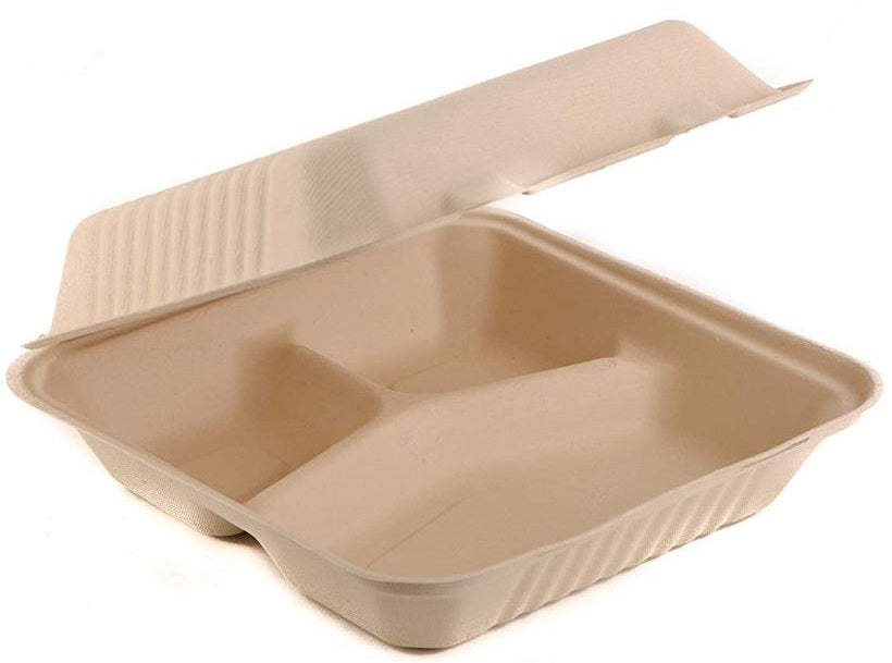 Bagasse 9*9*3 Deep 3-Comp. Clamshell - 150/Case