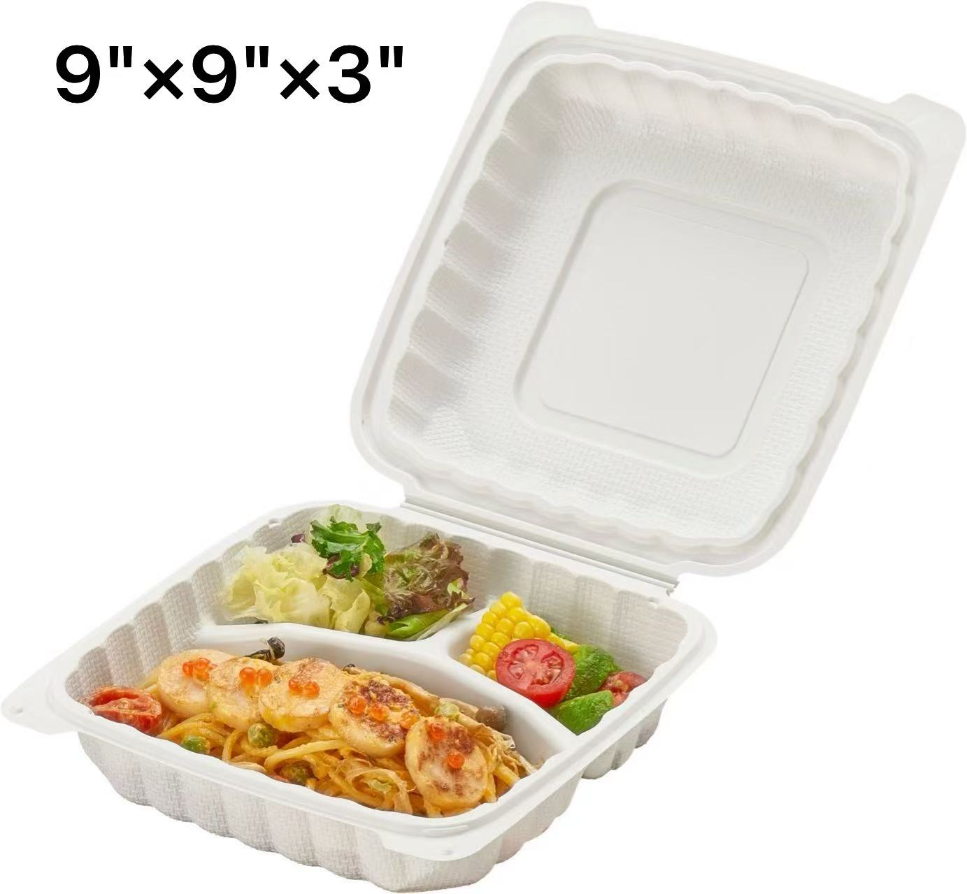 ZM-93 Square White Plastic 3-Compartment Hinged Food Container 9 X 9 X 3 - 150/Case