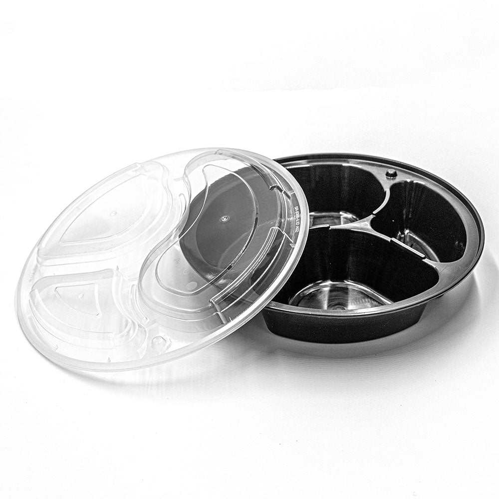 39 oz. Round Black Plastic 3 Compartment Container Set (938/9388) - 150/Case