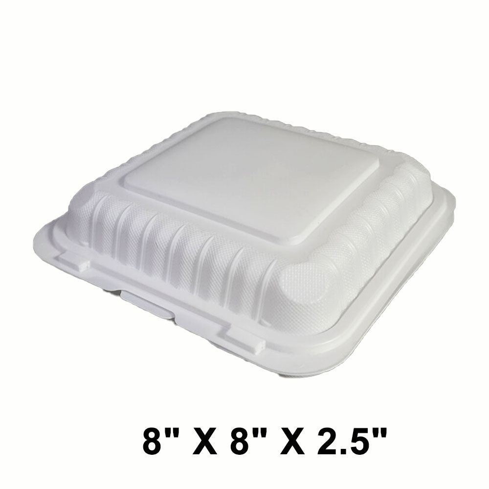ZM-83S Square White Plastic 3-Compartment Hinged Food Container 8 X 8 X 2.5- 150/Case