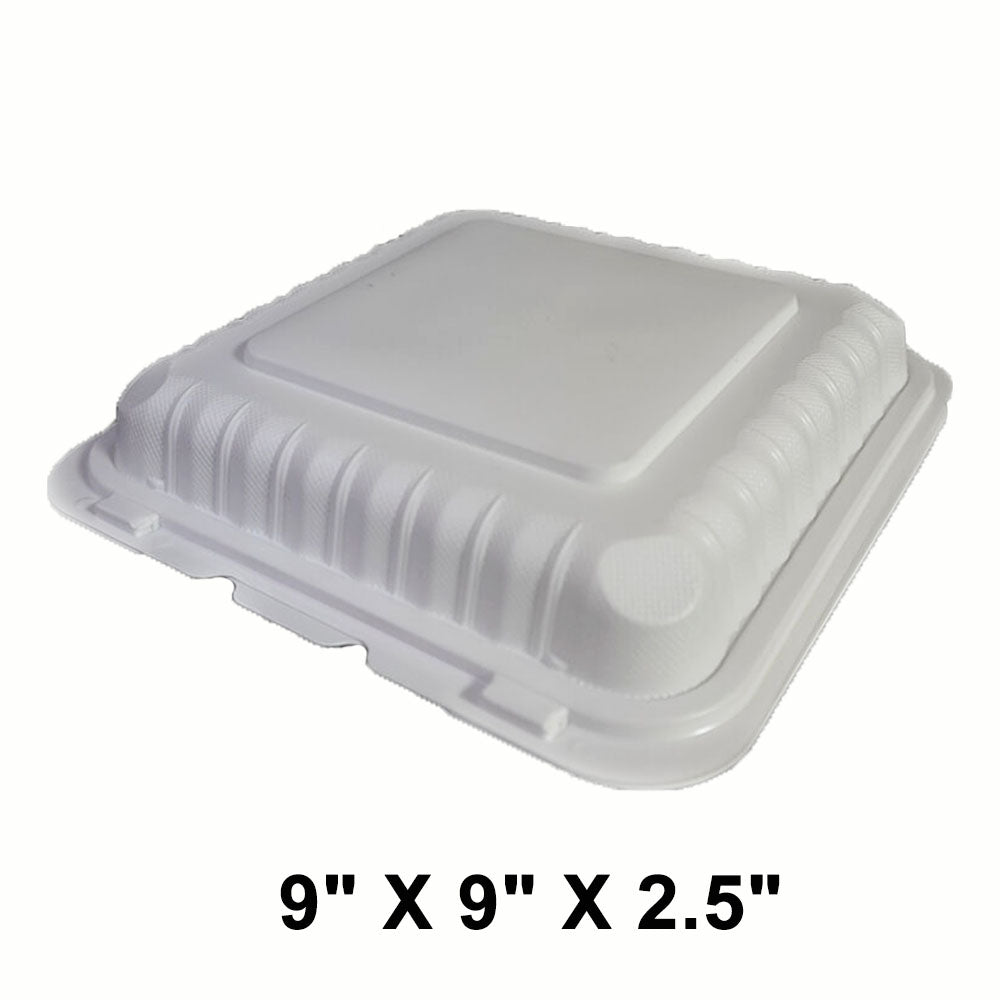 Square White Plastic 1-Compartment Hinged Food Container 9 X 9 X 2.5 - 150/Case