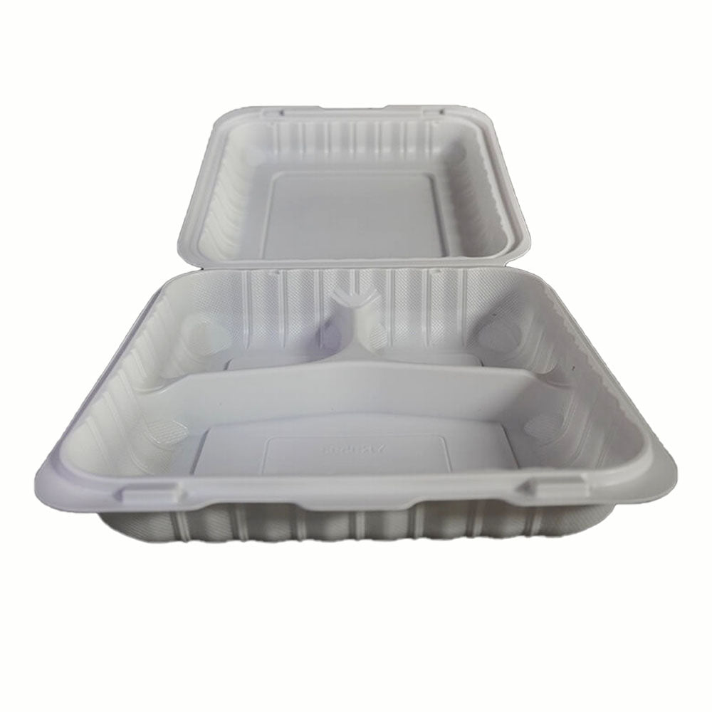 Square White Plastic 3-Compartment Hinged Food Container 9 X 9 X 2.5 - 150/Case