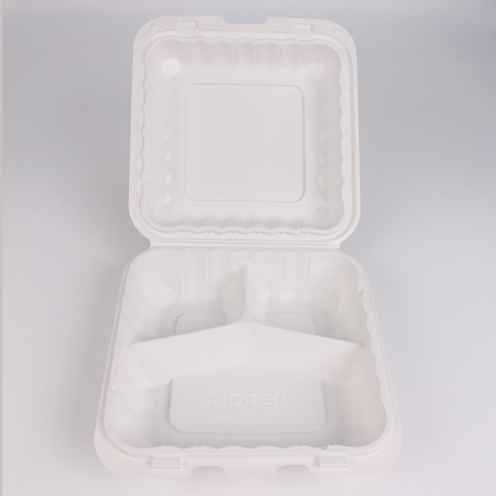 Square White Plastic 3-Compartment Hinged Food Container 8 X 8 X 2.5 - 150/Case