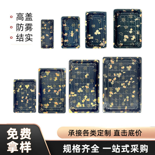 Manufacturer Custom Sushi Box with Lid Takeout Box Salmon Disposable Lunch Box Japanese Style Gold Leaf Print Transparent Box
