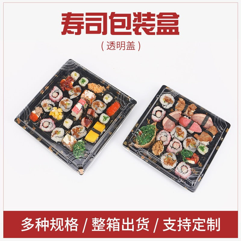 Manufacturer Custom Sushi Box with Lid Takeout Box Salmon Disposable Lunch Box Japanese Style Gold Leaf Print Transparent Box