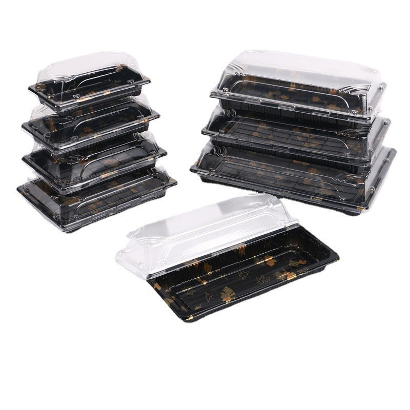 Manufacturer Custom Sushi Box with Lid Takeout Box Salmon Disposable Lunch Box Japanese Style Gold Leaf Print Transparent Box