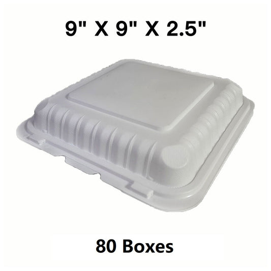 [Bulk 80 Cases] Square White Plastic 3-Compartment Hinged Food Container 9 X 9 X 2.5 - 150/Case