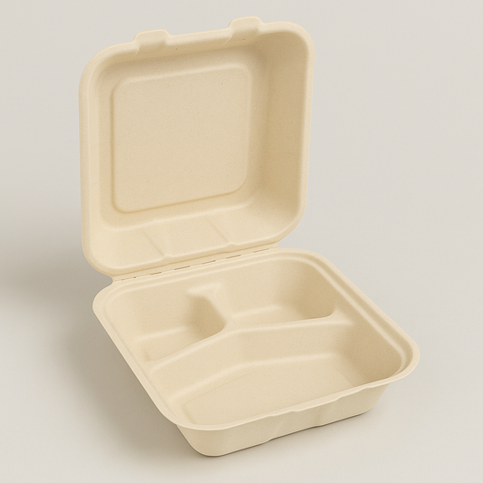 Bagasse 8*8*3 Deep 3-Comp. Clamshell - 150/Case