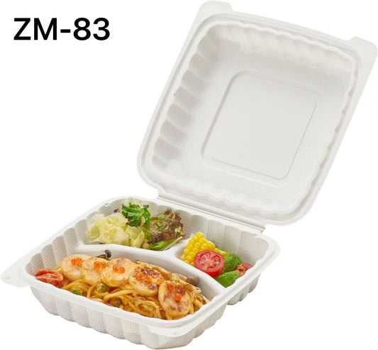 ZM-83 Square White Plastic 3-Compartment Hinged Food Container 8 X 8 X 3 - 150/Case