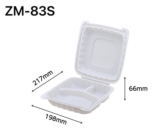 ZM-83S Square White Plastic 3-Compartment Hinged Food Container 8 X 8  X 2.5- 150/Case