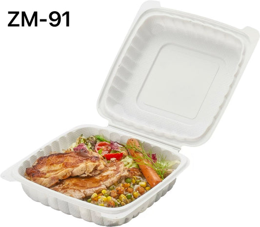 ZM-91 Square White Plastic 1-Compartment Hinged Food Container 9 X 9 X 2.5 - 150/Case