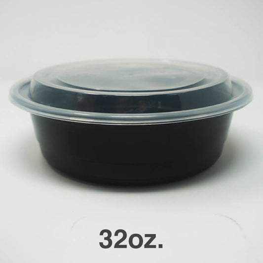 32oz. Round Black Plastic Deli Container Set - 150/Case