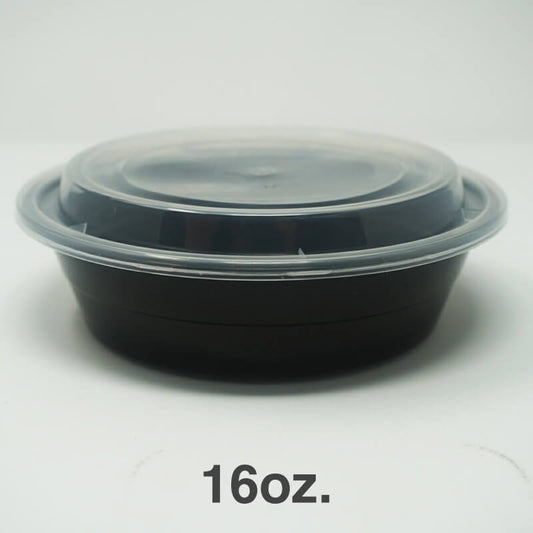 16oz. Round Black Plastic Deli Container Set - 150/Case