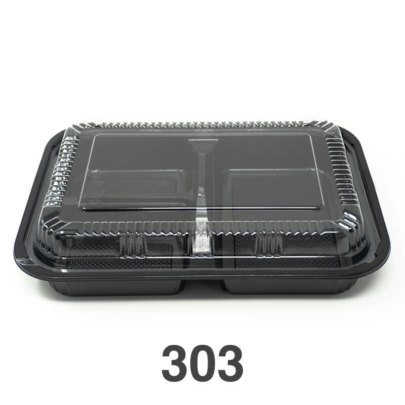 303 Rectangular Black Plastic Bento Box Set 9 1/8 X 6 3/8 X 1 3/8 - 270/Case