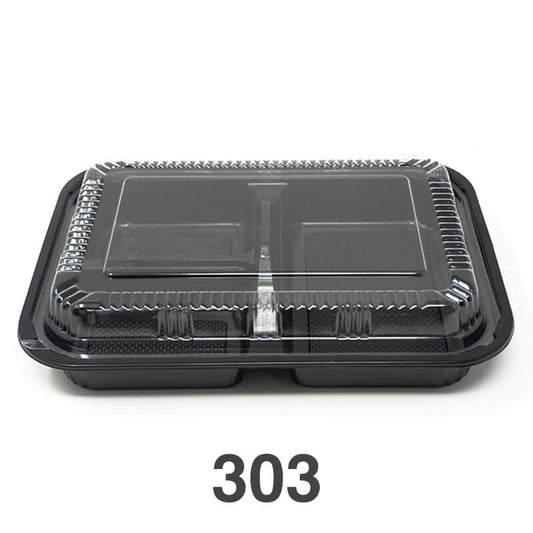 303 Rectangular Black Plastic Bento Box Set 9 1/8 X 6 3/8 X 1 3/8 - 270/Case