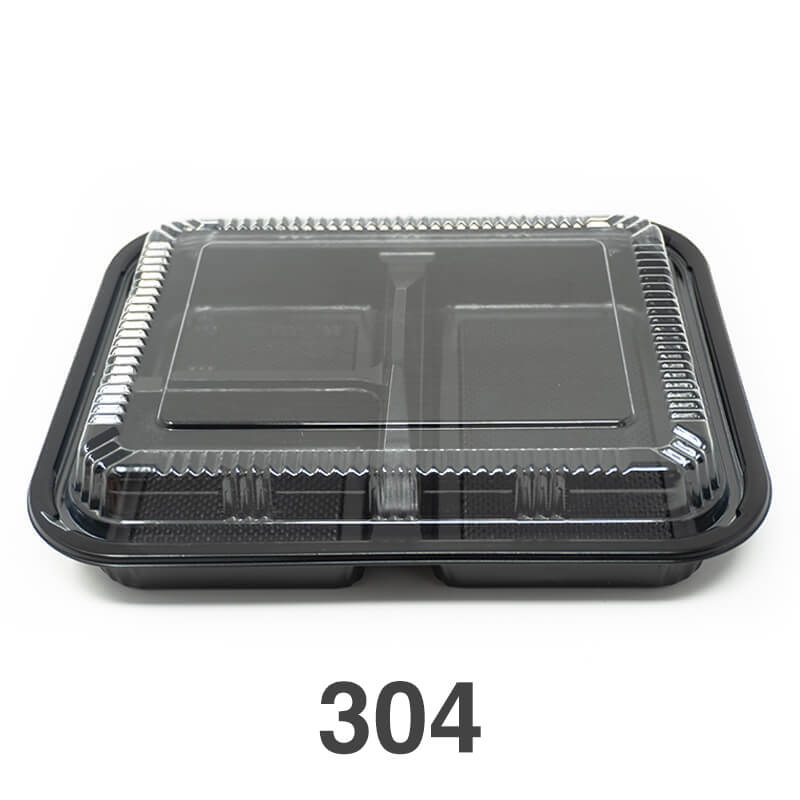 304 Rectangular Black Plastic Bento Box Set 9 3/8 X 7 1/2 X 1 3/8 - 252/Case
