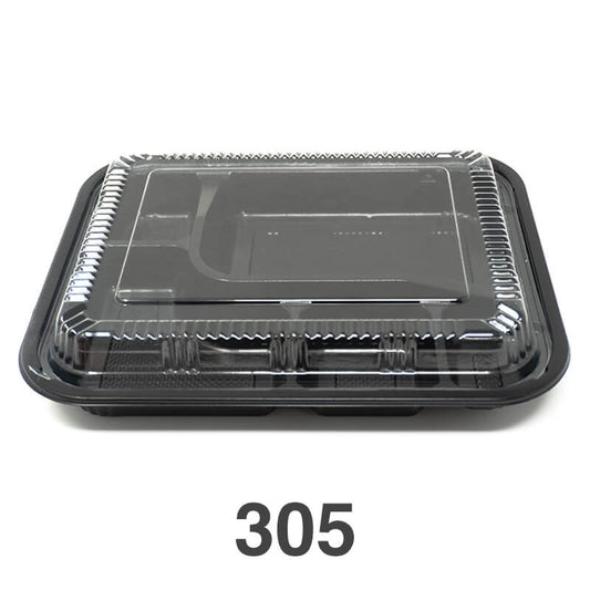 305 Rectangular Black Plastic Bento Box Set 9 3/8 X 7 1/2 X 1 3/8 - 252/Case