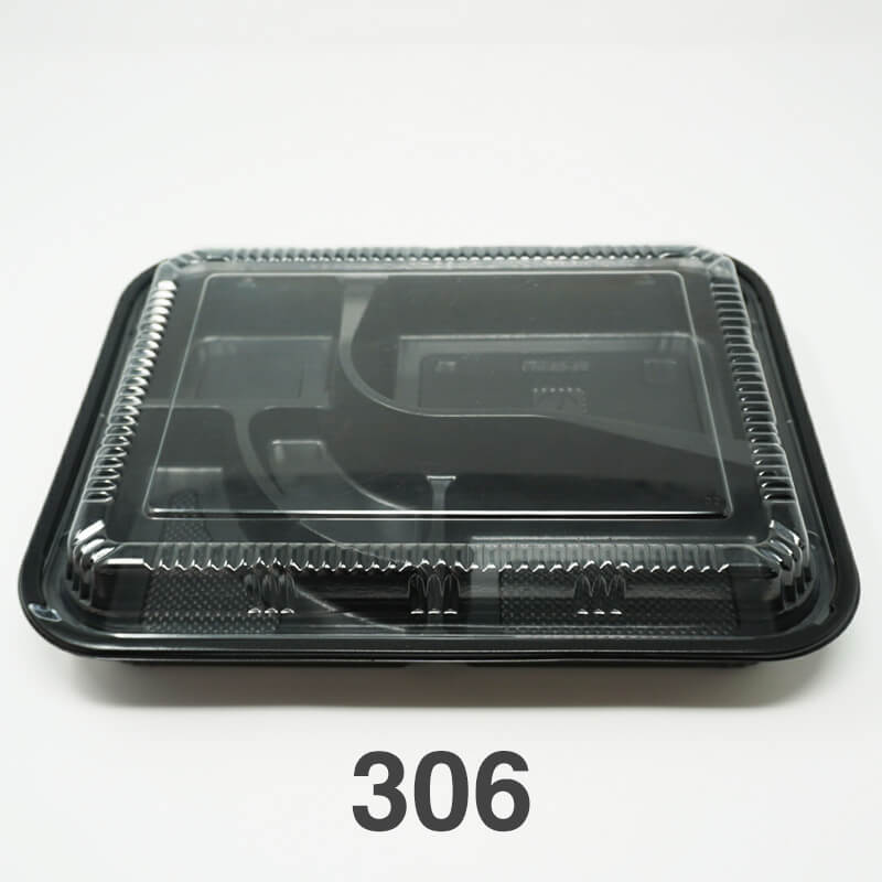 306 Rectangular Black Plastic Bento Box Set 10 1/2 X 8 1/8 X 1 3/8 - 200/Case