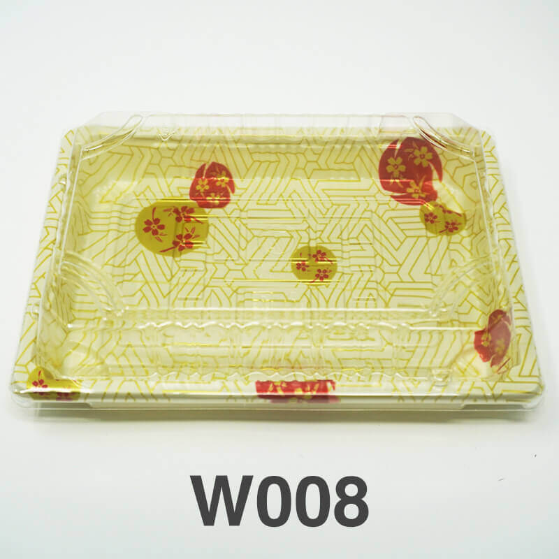 W008 Rectangular White Plastic Sushi Tray Container Set 6 1/2 X 4 1/2 X 1 1/8 - 440/Case