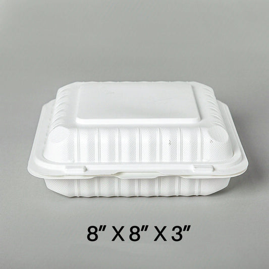 Square White Plastic 3-Compartment Hinged Food Container 8 X 8 X 2.5 - 150/Case