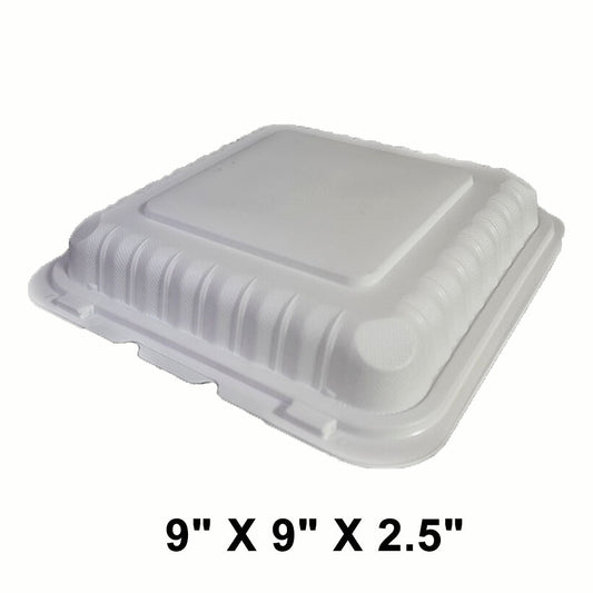 Square White Plastic 1-Compartment Hinged Food Container 9 X 9 X 2.5 - 150/Case