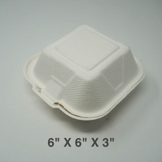 AHD 6 X 6 X 3 Square White Compostable Hinged Container - 500/Case