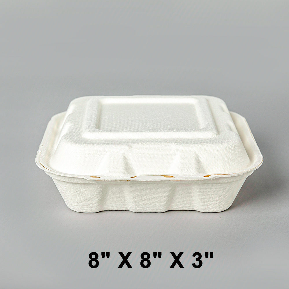 AHD Square White 3 COMP. Compostable Hinged Container 8 X 8 X 3 - 200/Case