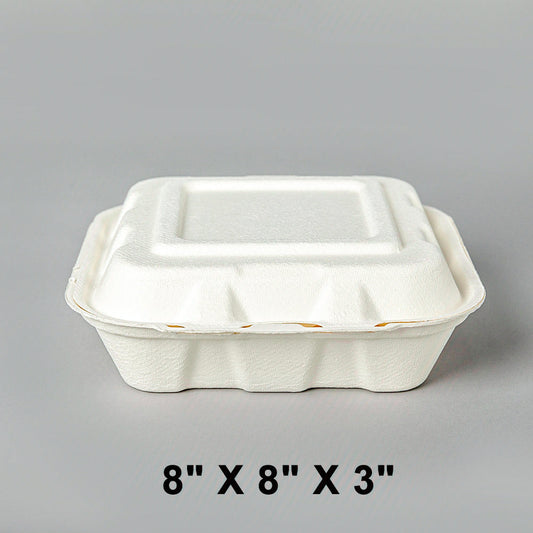 AHD Square White 3 COMP. Compostable Hinged Container 8 X 8 X 3 - 200/Case